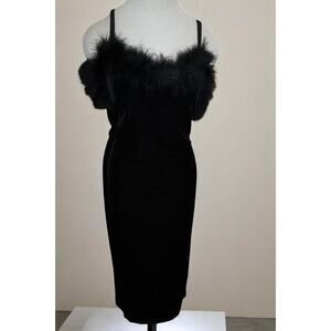 Vintage Nostalgia 90s Black Velvet Midi Dress Faux Feather Trim Size XXL USA